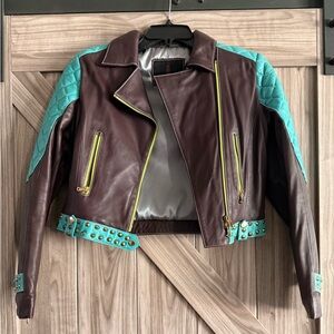 NWOT - CUSTOM Elegant Brown and Teal Leather Jacket